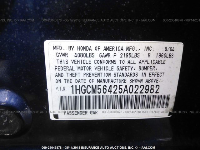 1HGCM56425A022982 - 2005 HONDA ACCORD LX BLUE photo 9