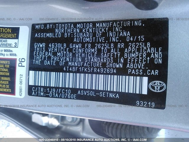 4T4BF1FK5FR492694 - 2015 TOYOTA CAMRY LE/XLE/SE/XSE SILVER photo 9