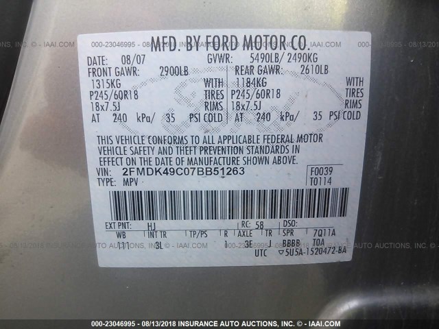 2FMDK49C07BB51263 - 2007 FORD EDGE SEL PLUS SILVER photo 9