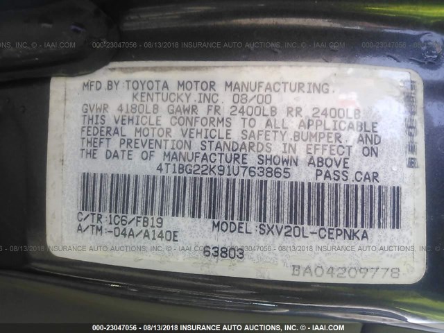 4T1BG22K91U763865 - 2001 TOYOTA CAMRY CE/LE/XLE 灰色 照片 9