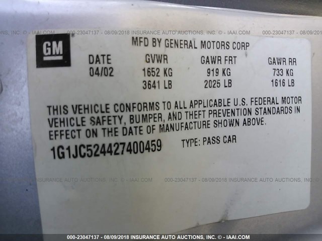 1G1JC524427400459 - 2002 CHEVROLET CAVALIER CNG SILVER photo 9