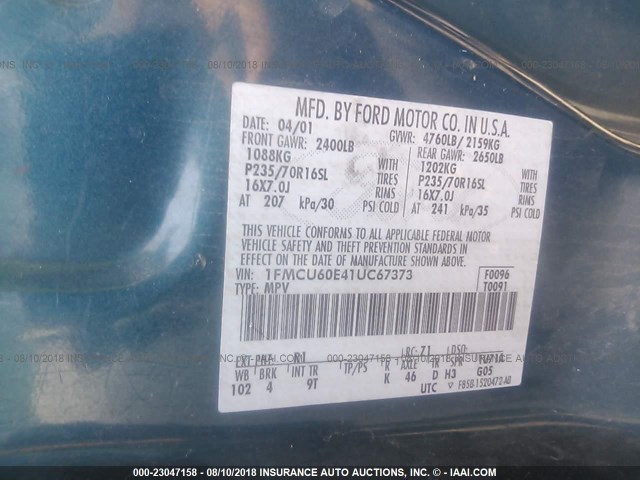 1FMCU60E41UC67373 - 2001 FORD EXPLORER SPORT GREEN photo 9