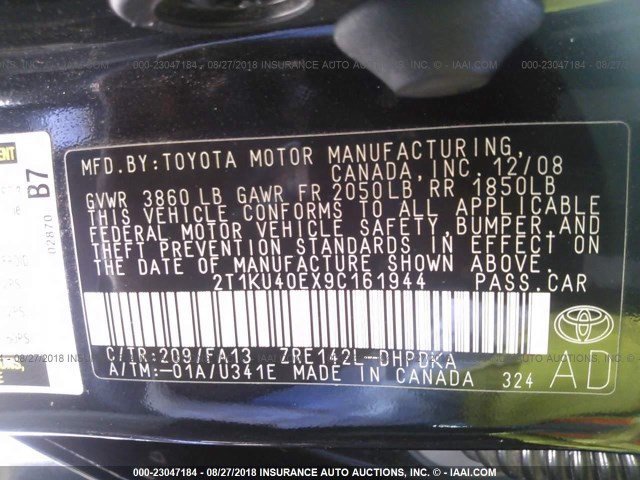 2T1KU40EX9C161944 - 2009 TOYOTA COROLLA MATRIX  BLACK photo 9