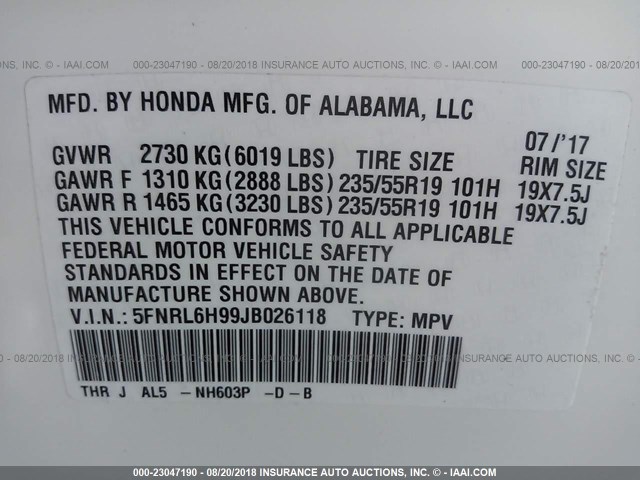 5FNRL6H99JB026118 - 2018 HONDA ODYSSEY ELITE Blanco foto 9