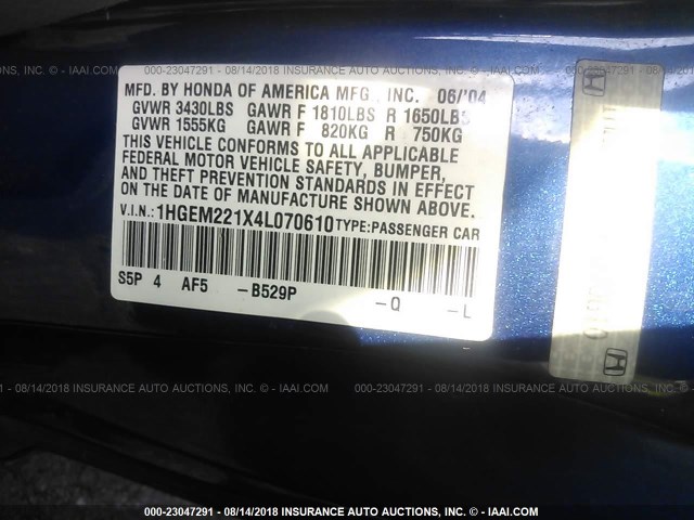 1HGEM221X4L070610 - 2004 HONDA CIVIC DX VP BLUE photo 9
