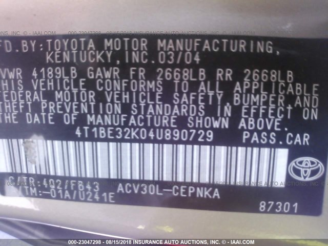 4T1BE32K04U890729 - 2004 TOYOTA CAMRY LE/XLE/SE Qızıl foto 9