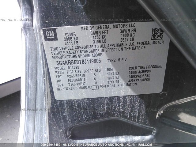 5GAKRBED7BJ119605 - 2011 BUICK ENCLAVE CXL 灰色 照片 9