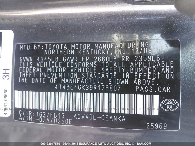 4T4BE46K39R126807 - 2009 TOYOTA CAMRY SE/LE/XLE GRAY photo 9