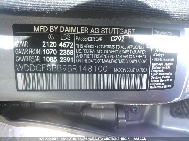 WDDGF8BB9BR148100 - 2011 MERCEDES-BENZ C 300 4MATIC GRAY photo 9