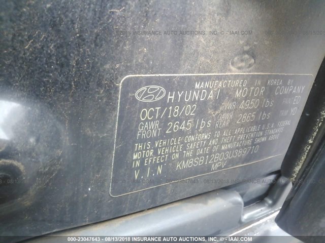 KM8SB12B03U389710 - 2003 HYUNDAI SANTA FE GL BLACK photo 9