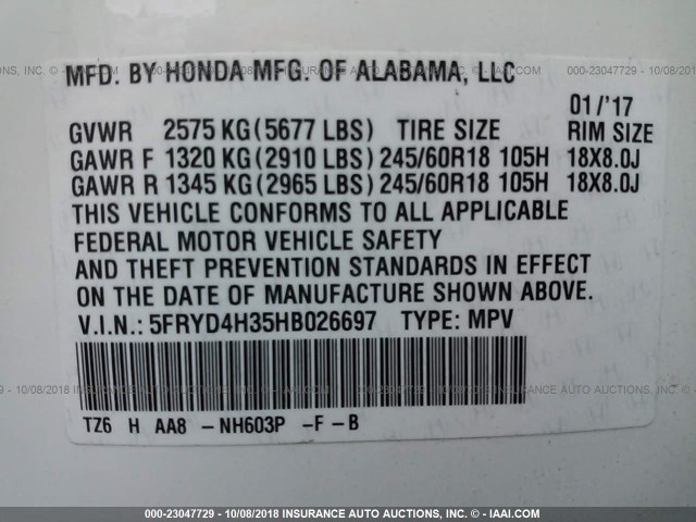 5FRYD4H35HB026697 - 2017 ACURA MDX WHITE photo 9