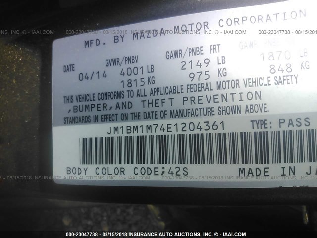 JM1BM1M74E1204361 - 2014 MAZDA 3 GRAND TOURING GRAY photo 9