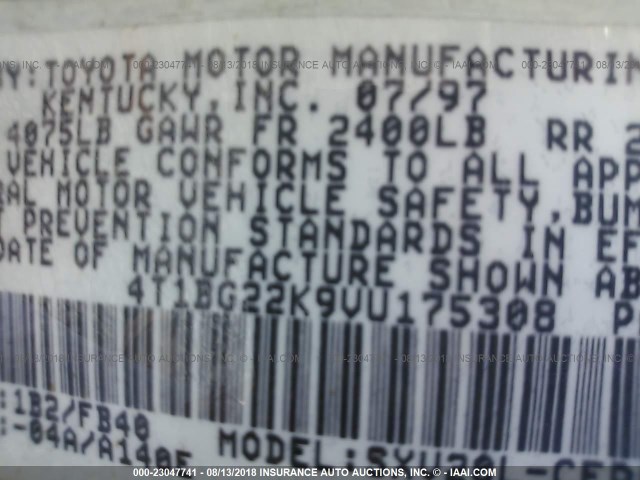 4T1BG22K9VU175308 - 1997 TOYOTA CAMRY CE/LE/XLE 灰色 照片 9