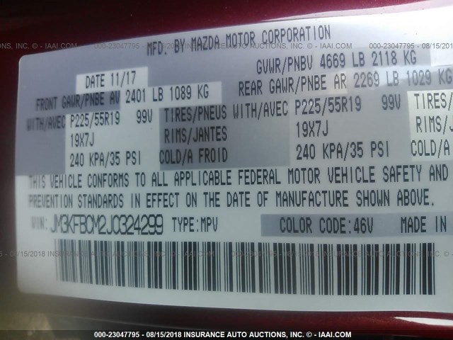 JM3KFBCM2J0324299 - 2018 MAZDA CX-5 TOURING RED photo 9