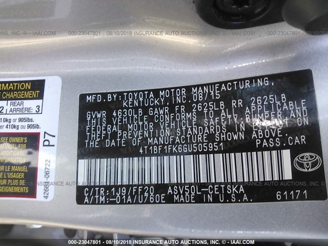 4T1BF1FK6GU505951 - 2016 TOYOTA CAMRY LE/XLE/SE/XSE SILVER photo 9