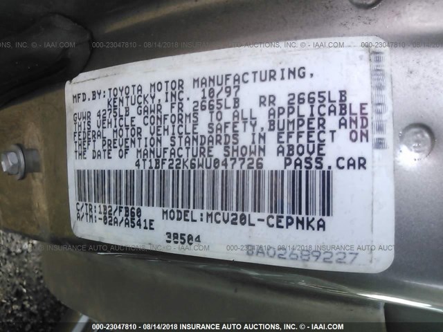 4T1BF22K6WU047726 - 1998 TOYOTA CAMRY CE/LE/XLE 棕色 照片 9