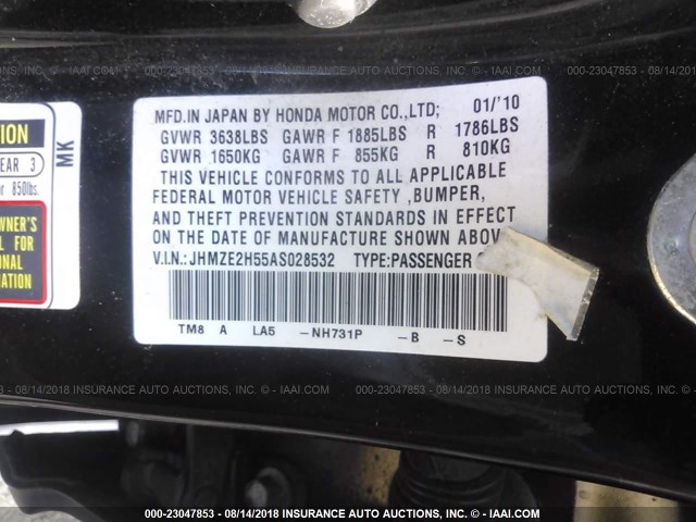 JHMZE2H55AS028532 - 2010 HONDA INSIGHT LX BLACK photo 9