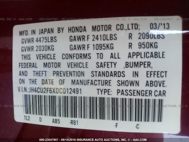 JH4CU2F6XDC012491 - 2013 ACURA TSX TECH RED photo 9