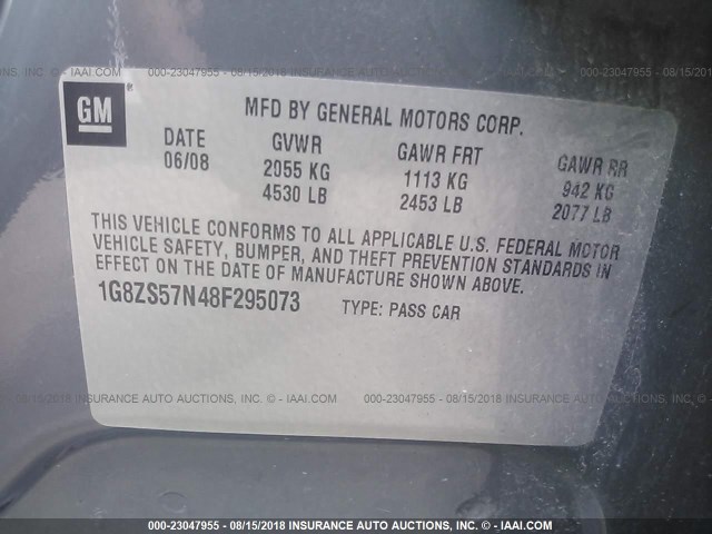 1G8ZS57N48F295073 - 2008 SATURN AURA XE GRAY photo 9