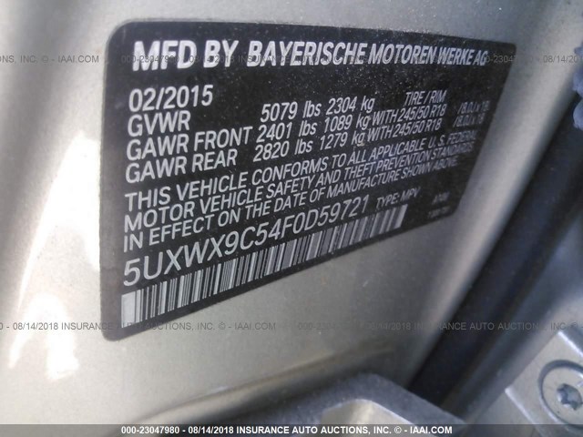 5UXWX9C54F0D59721 - 2015 BMW X3 XDRIVE28I GRAY photo 9