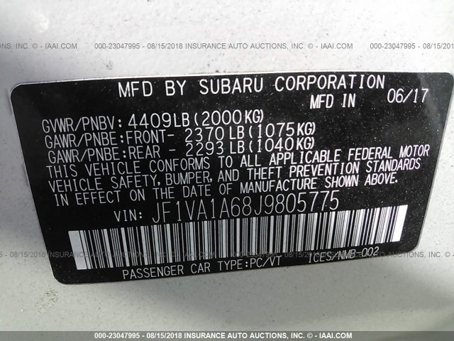 JF1VA1A68J9805775 - 2018 SUBARU WRX WHITE photo 9