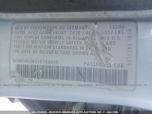 WVWTH63B31E150095 - 2001 VOLKSWAGEN PASSAT GLX 4MOTION SILVER photo 9