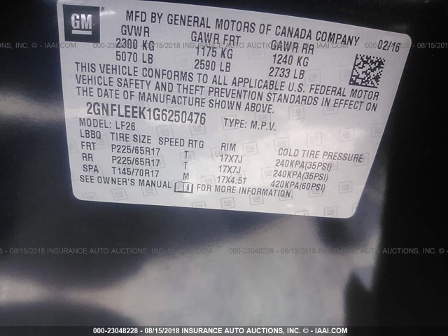 2GNFLEEK1G6250476 - 2016 CHEVROLET EQUINOX LS Կապույտ լուսանկար 9