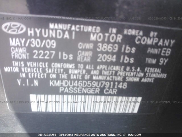 KMHDU46D59U791148 - 2009 HYUNDAI ELANTRA GLS/SE BLACK photo 9