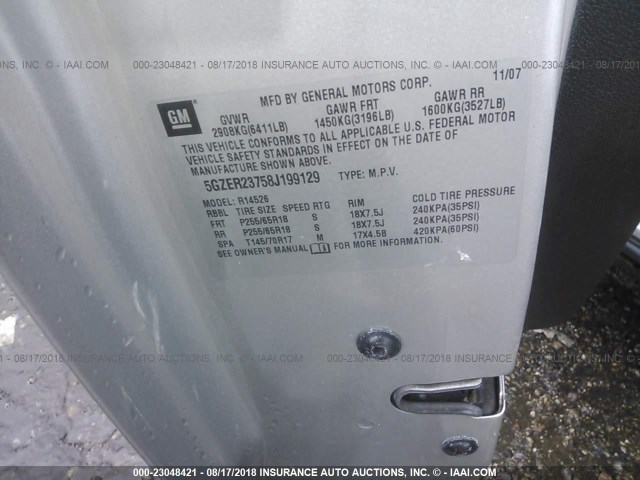 5GZER23758J199129 - 2008 SATURN OUTLOOK XR ვერცხლისფერი ფოტო 9