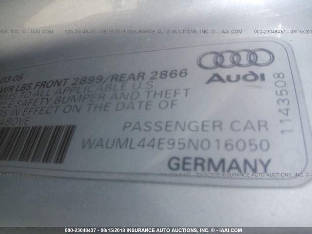 WAUML44E95N016050 - 2005 AUDI A8 L QUATTRO SILVER photo 9