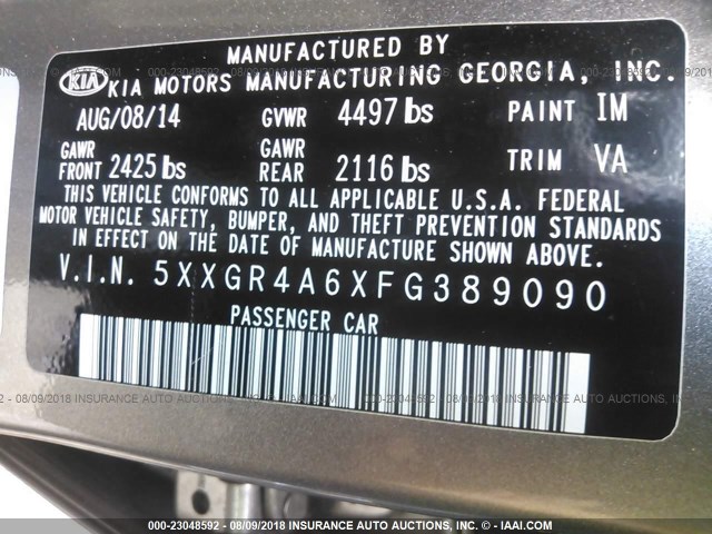 5XXGR4A6XFG389090 - 2015 KIA OPTIMA SX GRAY photo 9