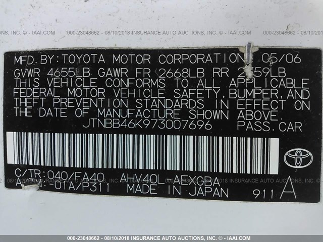 JTNBB46K973007696 - 2007 TOYOTA CAMRY NEW GENERAT HYBRID WHITE photo 9