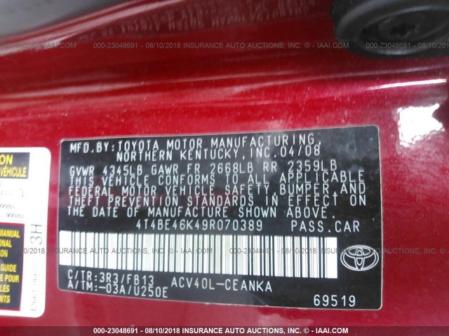 4T4BE46K49R070389 - 2009 TOYOTA CAMRY SE/LE/XLE წითელი ფოტო 9