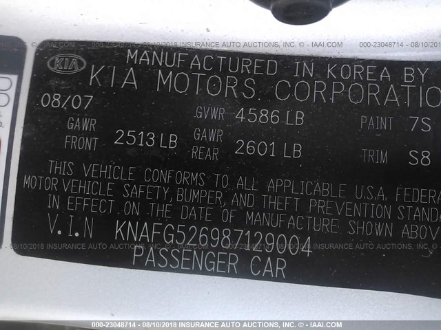 KNAFG526987129004 - 2008 KIA RONDO LX/EX SILVER photo 9