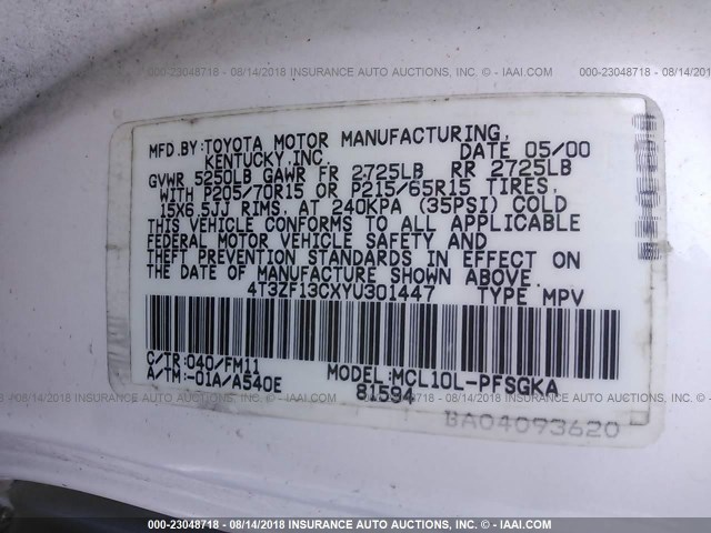 4T3ZF13CXYU301447 - 2000 TOYOTA SIENNA LE/XLE WHITE photo 9