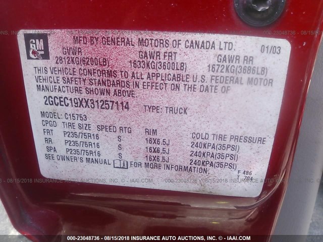 2GCEC19XX31257114 - 2003 CHEVROLET SILVERADO C1500 RED photo 9