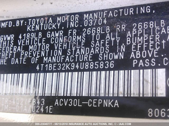 4T1BE32K94U885836 - 2004 TOYOTA CAMRY LE/XLE/SE Qəhvəyi foto 9
