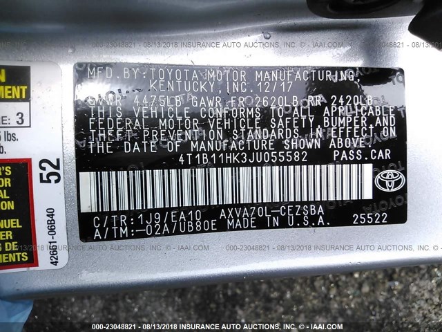 4T1B11HK3JU055582 - 2018 TOYOTA CAMRY L/LE/XLE/SE/XSE SILVER photo 9