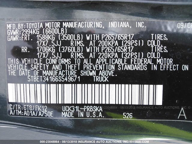 5TBET34166S549671 - 2006 TOYOTA TUNDRA DOUBLE CAB SR5 GREEN photo 9