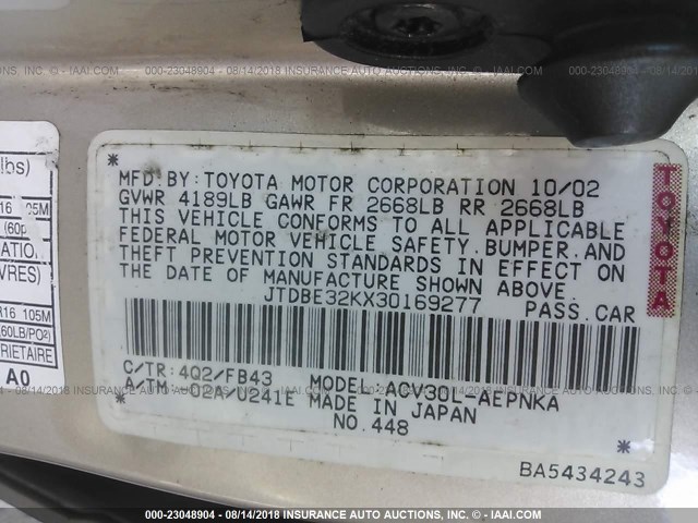 JTDBE32KX30169277 - 2003 TOYOTA CAMRY LE/XLE GOLD photo 9