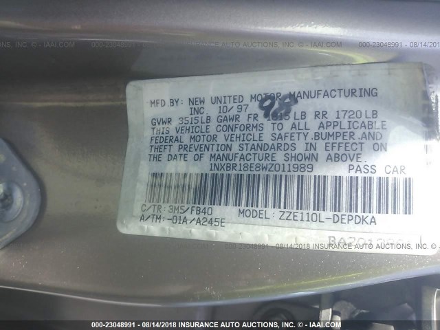 1NXBR18E8WZ011989 - 1998 TOYOTA COROLLA VE/CE/LE 金色 照片 9