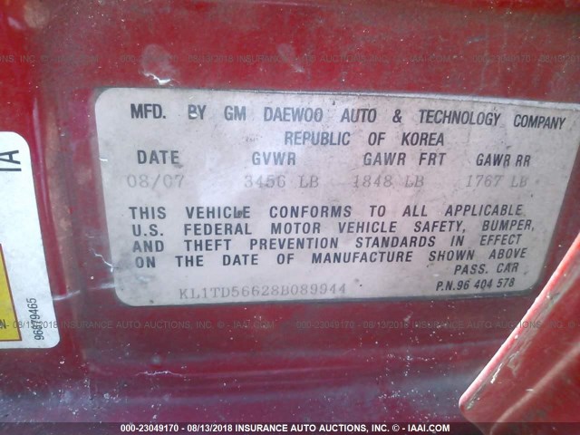 KL1TD56628B089944 - 2008 CHEVROLET AVEO LS RED photo 9