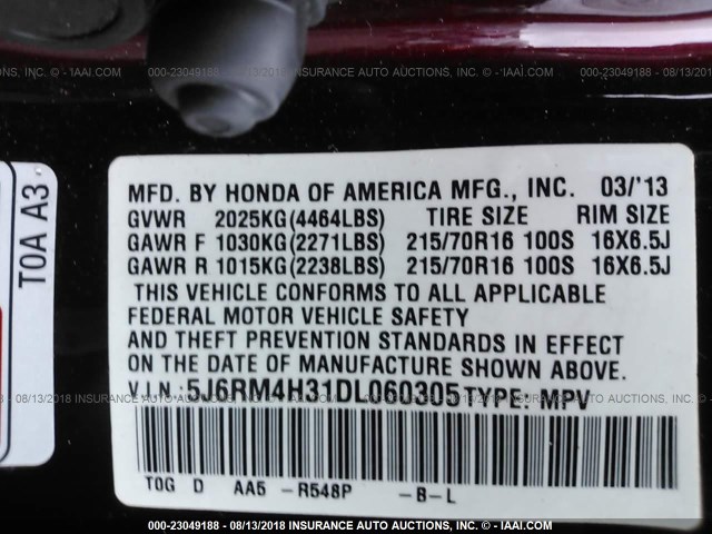 5J6RM4H31DL060305 - 2013 HONDA CR-V LX 勃艮第红 照片 9
