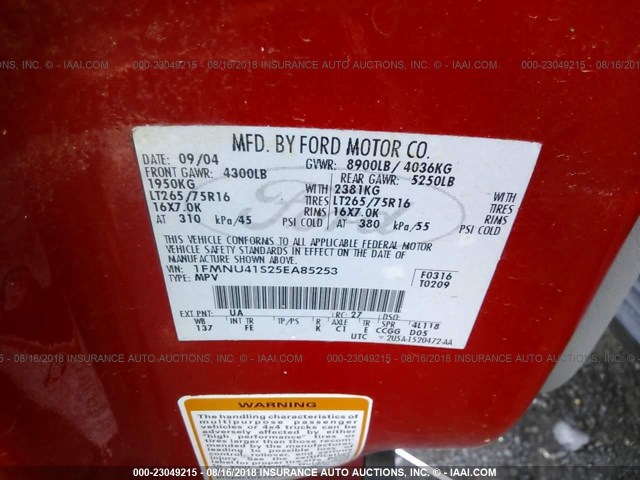 1FMNU41S25EA85253 - 2005 FORD EXCURSION XLT RED photo 9