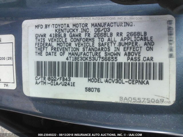 4T1BE30K53U756655 - 2003 TOYOTA CAMRY LE/XLE/SE Mavi foto 9