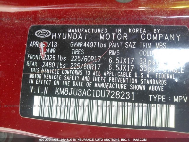 KM8JU3AC1DU728231 - 2013 HYUNDAI TUCSON GLS/LIMITED 红色 照片 9