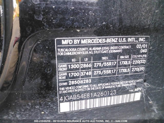 4JGAB54E81A260123 - 2001 MERCEDES-BENZ ML 320 BLACK photo 9