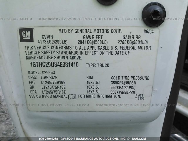 1GTHC29U84E381410 - 2004 GMC SIERRA C2500 HEAVY DUTY WHITE photo 9