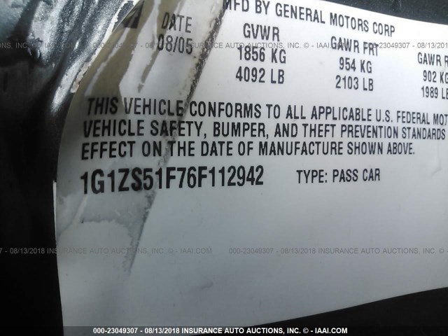 1G1ZS51F76F112942 - 2006 CHEVROLET MALIBU LS 灰色 照片 9