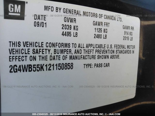 2G4WB55K121150858 - 2002 BUICK REGAL LS BURGUNDY photo 9